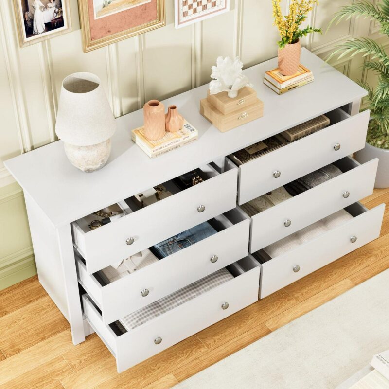 Vineego Double Dresser for Bedroom,6-Drawer Wide Chest of Drawers,Traditional Bedroom Dresser,White - Image 2