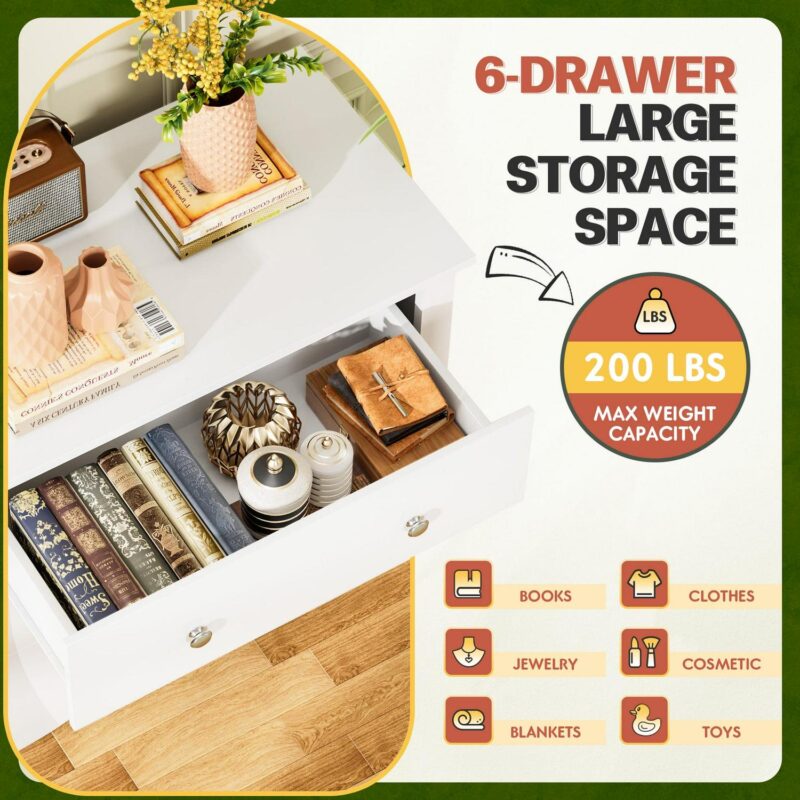 Vineego Double Dresser for Bedroom,6-Drawer Wide Chest of Drawers,Traditional Bedroom Dresser,White - Image 4