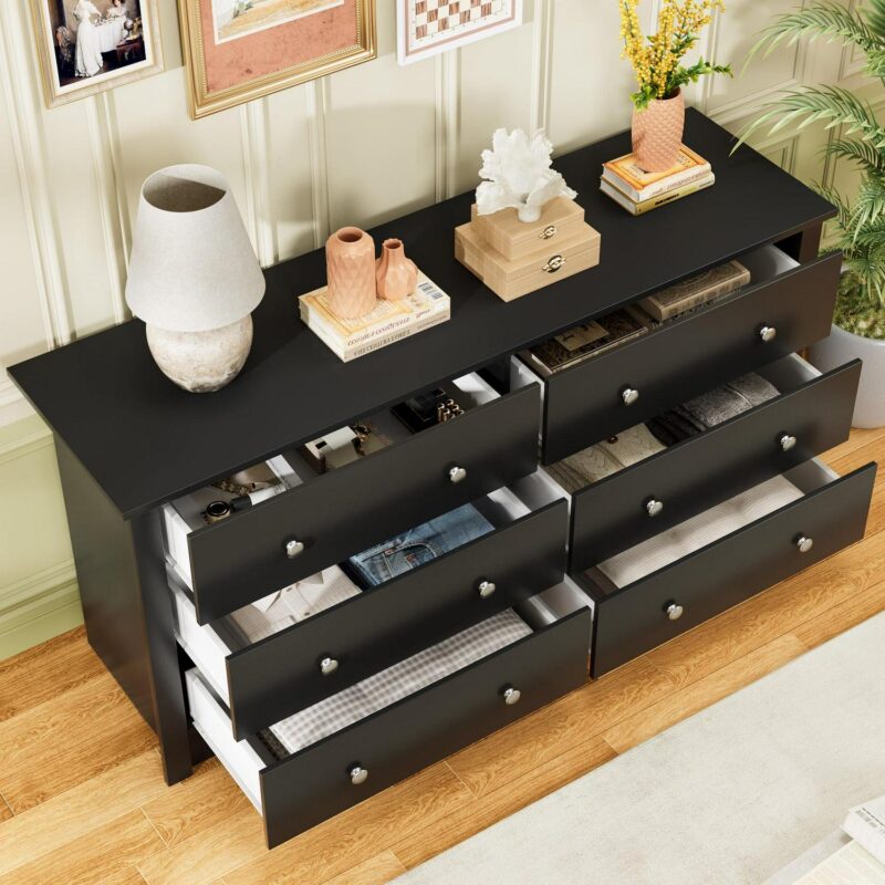 Vineego Double Dresser for Bedroom,6-Drawer Wide Chest of Drawers,Traditional Bedroom Dresser,Black - Image 3