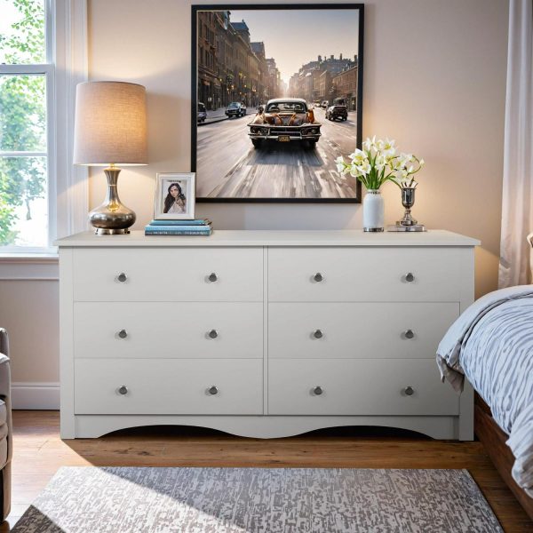 Vineego Double Dresser for Bedroom,6-Drawer Wide Chest of Drawers,Traditional Bedroom Dresser,White