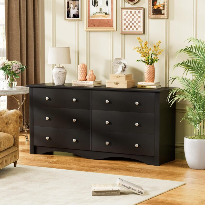 Vineego Double Dresser for Bedroom,6-Drawer Wide Chest of Drawers,Traditional Bedroom Dresser,Black - Image 9