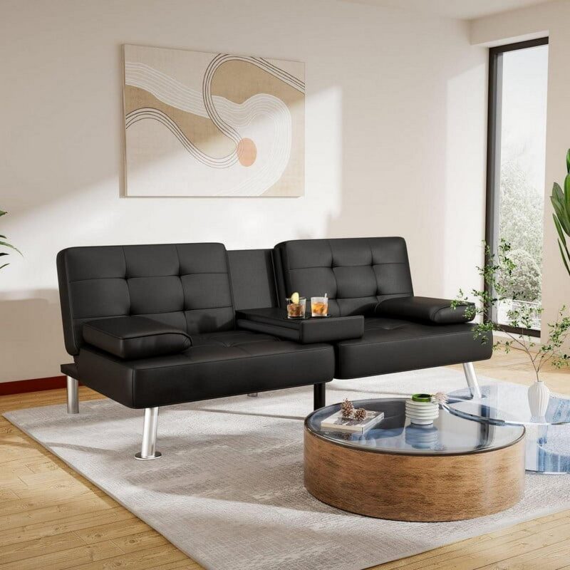 Vineego Modern Faux Leather Couch Convertible Folding Futon Sofa Bed with 2 Cup Holders,Black - Image 5