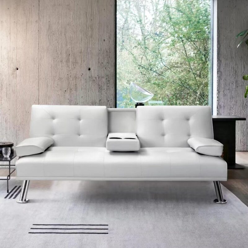 Vineego Modern Faux Leather Couch Convertible Folding Futon Sofa Bed with 2 Cup Holders,White - Image 2