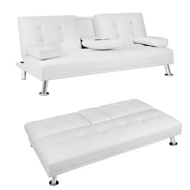 Vineego Modern Faux Leather Couch Convertible Folding Futon Sofa Bed with 2 Cup Holders,White - Image 3