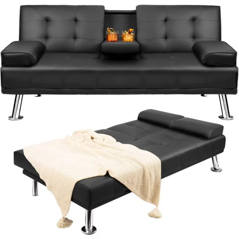 Vineego Modern Faux Leather Couch Convertible Folding Futon Sofa Bed with 2 Cup Holders,Black - Image 3