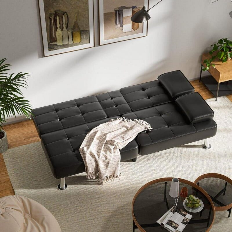 Vineego Modern Faux Leather Couch Convertible Folding Futon Sofa Bed with 2 Cup Holders,Black - Image 6