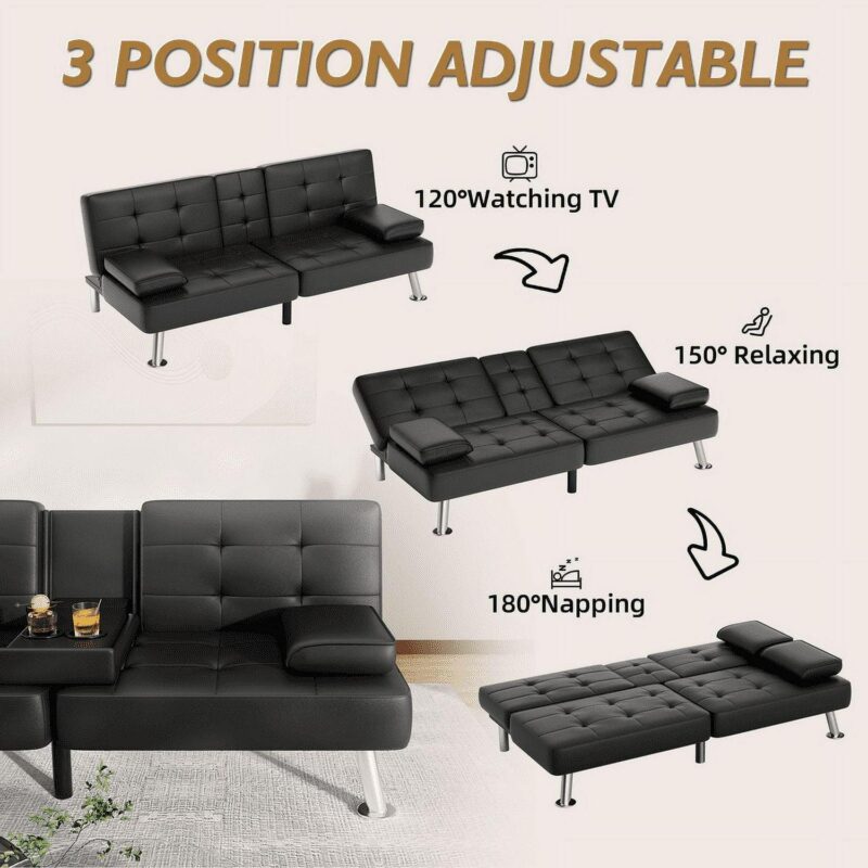 Vineego Modern Faux Leather Couch Convertible Folding Futon Sofa Bed with 2 Cup Holders,Black - Image 4