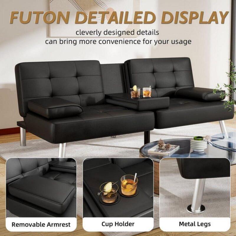 Vineego Modern Faux Leather Couch Convertible Folding Futon Sofa Bed with 2 Cup Holders,Black - Image 7