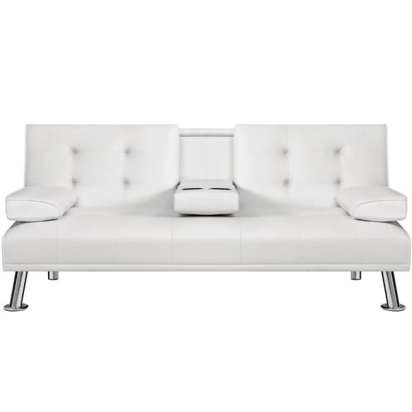 Vineego Modern Faux Leather Couch Convertible Folding Futon Sofa Bed with 2 Cup Holders,White