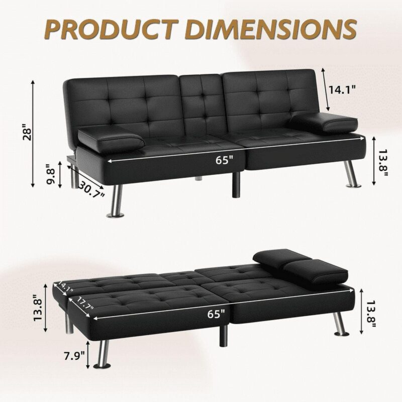 Vineego Modern Faux Leather Couch Convertible Folding Futon Sofa Bed with 2 Cup Holders,Black - Image 8