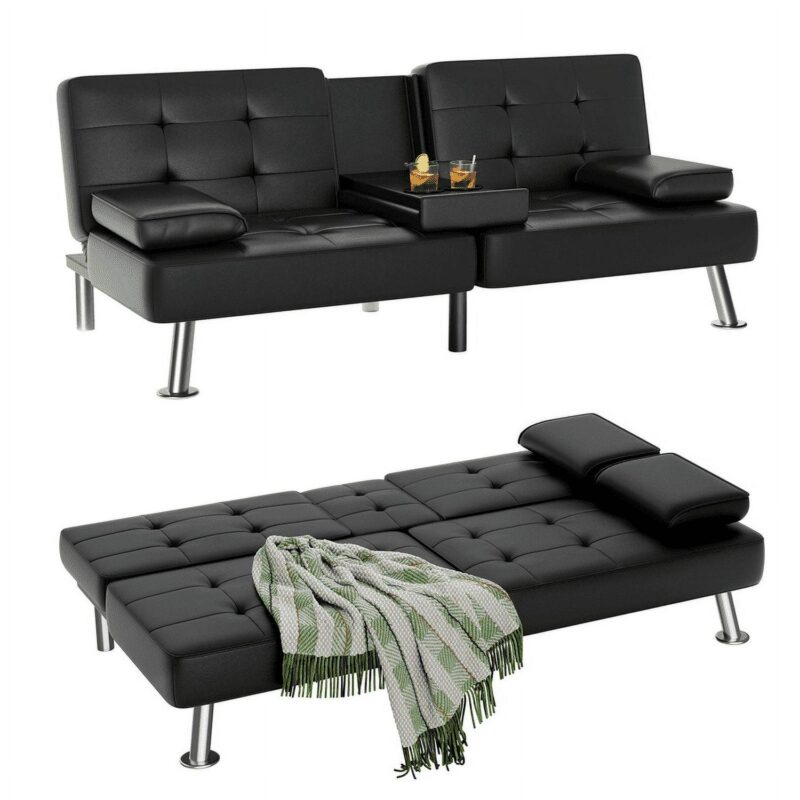 Vineego Modern Faux Leather Couch Convertible Folding Futon Sofa Bed with 2 Cup Holders,Black - Image 2