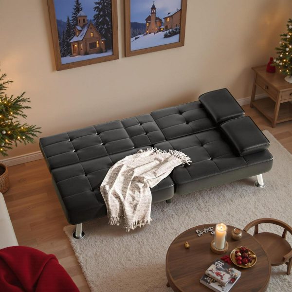 Vineego Modern Faux Leather Couch Convertible Folding Futon Sofa Bed with 2 Cup Holders,Black