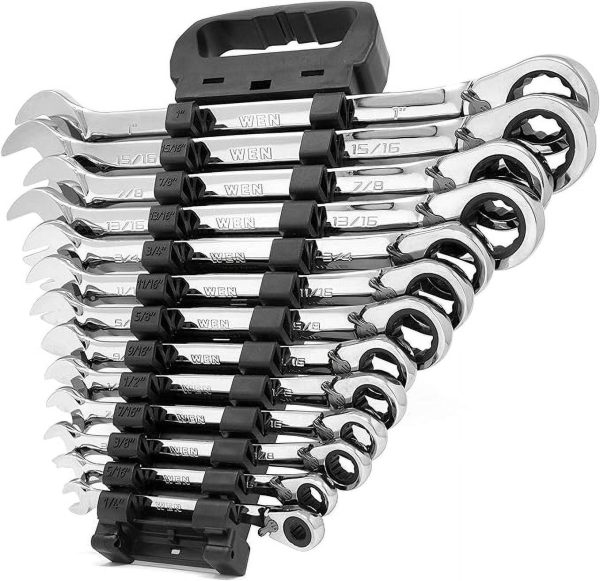 WEN 13-Piece Professional-Grade Reversible Ratcheting SAE Combination Wrench Set with Storage Rack