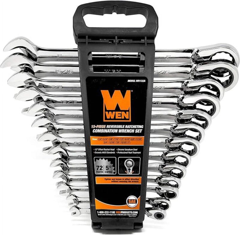 WEN 13-Piece Professional-Grade Reversible Ratcheting SAE Combination Wrench Set with Storage Rack - Image 4