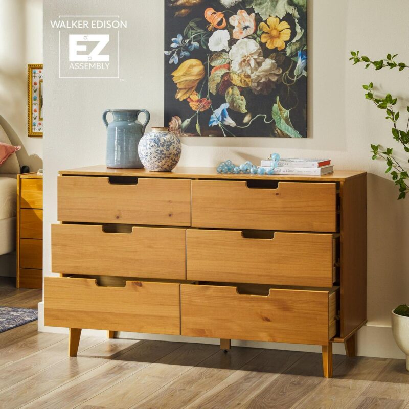 Walker Edison 6 Drawer Solid Wood Dresser with Cut Out Handles, Caramel Brown - Image 4