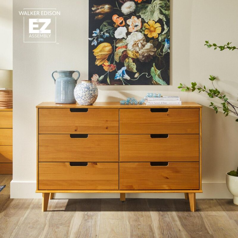 Walker Edison 6 Drawer Solid Wood Dresser with Cut Out Handles, Caramel Brown - Image 2