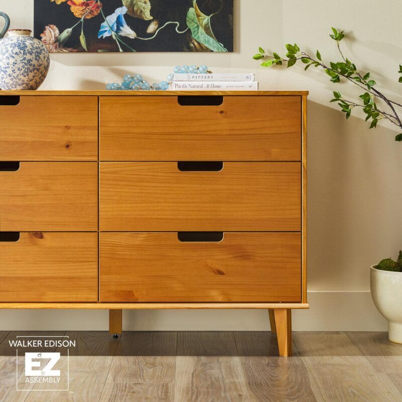 Walker Edison 6 Drawer Solid Wood Dresser with Cut Out Handles, Caramel Brown - Image 5