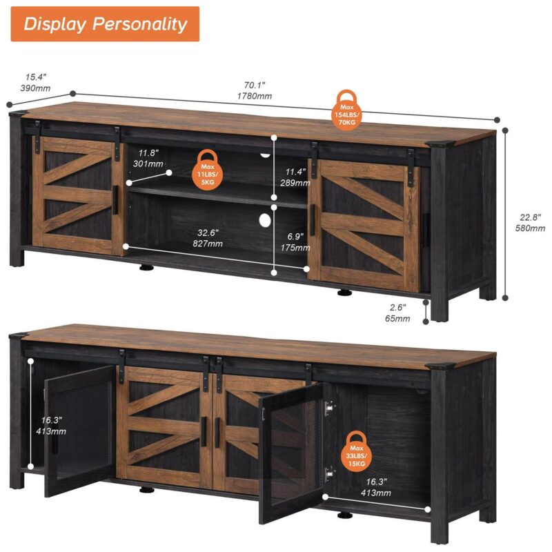 Wampat Farmhouse TV Stand, Antique Black and Brown, Wood and Metal, Sliding Barn Doors, 75 Inch - Image 4