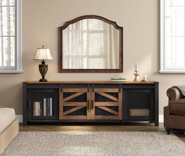 Wampat Farmhouse TV Stand, Antique Black and Brown, Wood and Metal, Sliding Barn Doors, 75 Inch