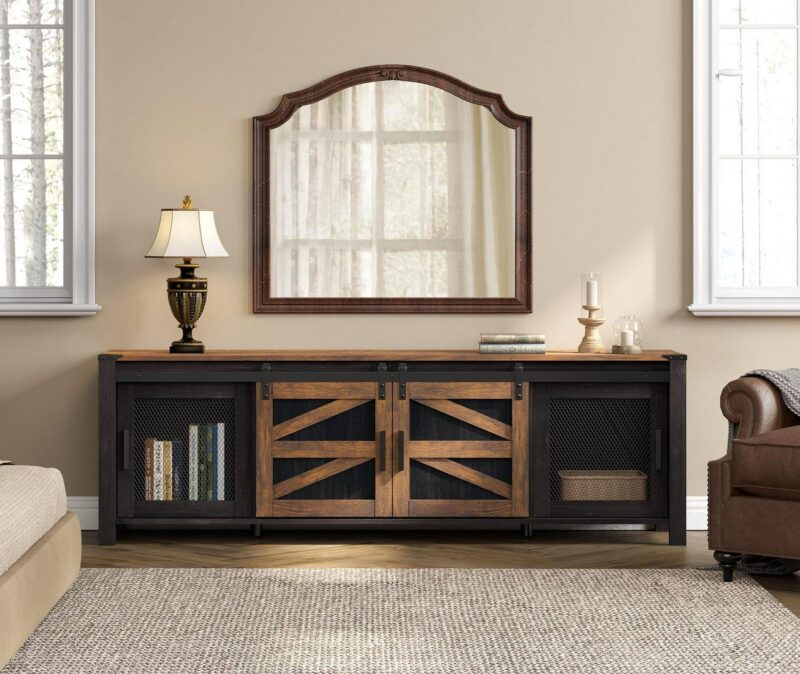 Wampat Farmhouse TV Stand, Antique Black and Brown, Wood and Metal, Sliding Barn Doors, 75 Inch