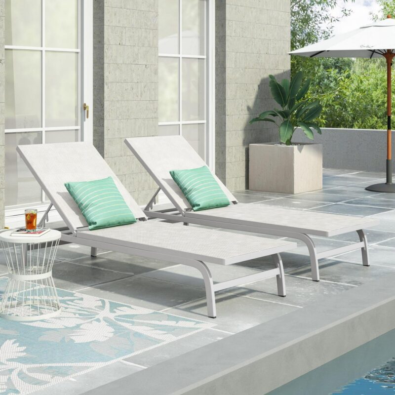Wilsey Outdoor Aluminum and Outdoor Mesh Chaise Lounge, Set of 2, White - Image 2