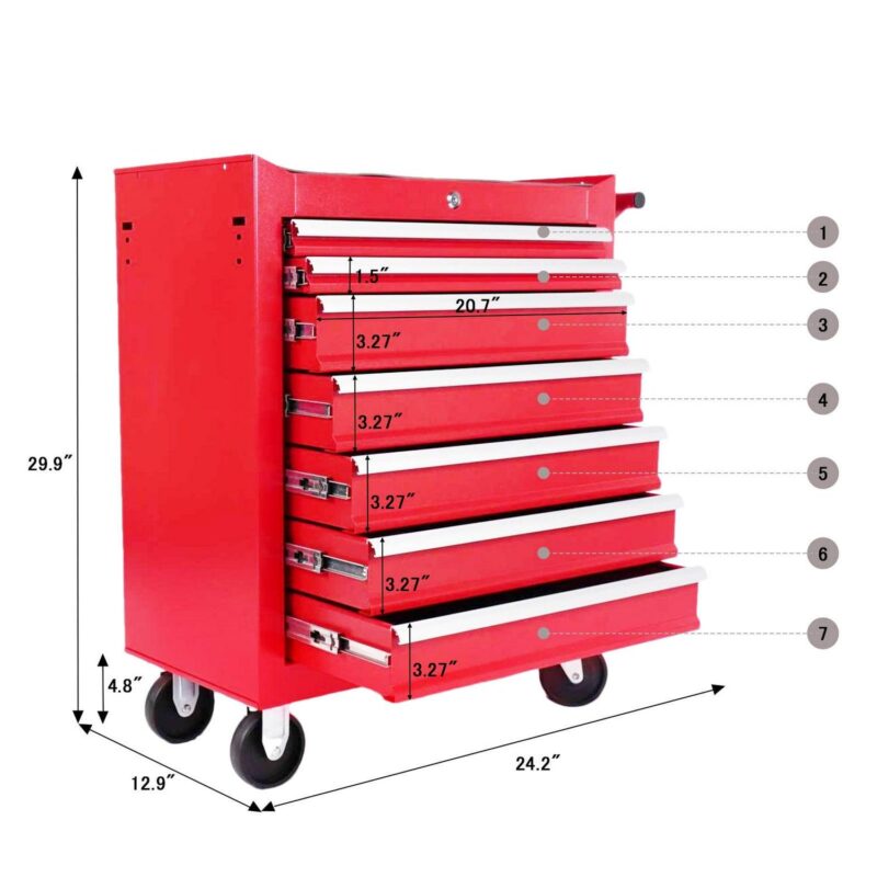 Yoneston 7-Drawers Rolling Tool Box, 30  Metal Tool Chest Garage Storage Cabinet with Locking System for Warehouse, Workshop, Toolroom -Red - Image 7