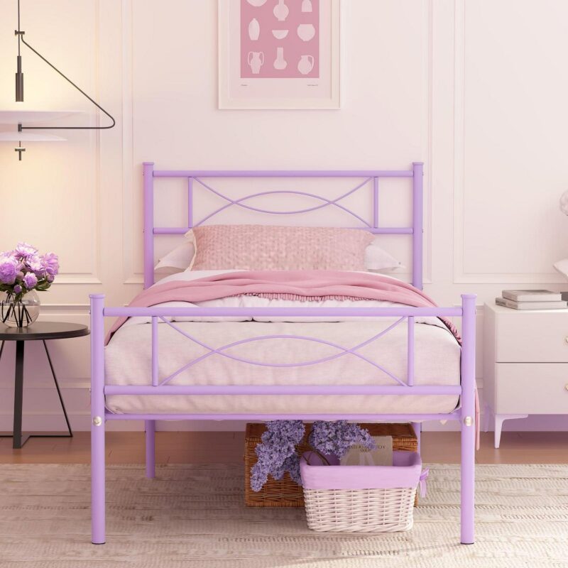 Yoneston Kids Twin Size Metal Platform Bed Frame Single Bed with Bowknot Headboards for Girls Bedroom Furniture - Light Purple - Image 2