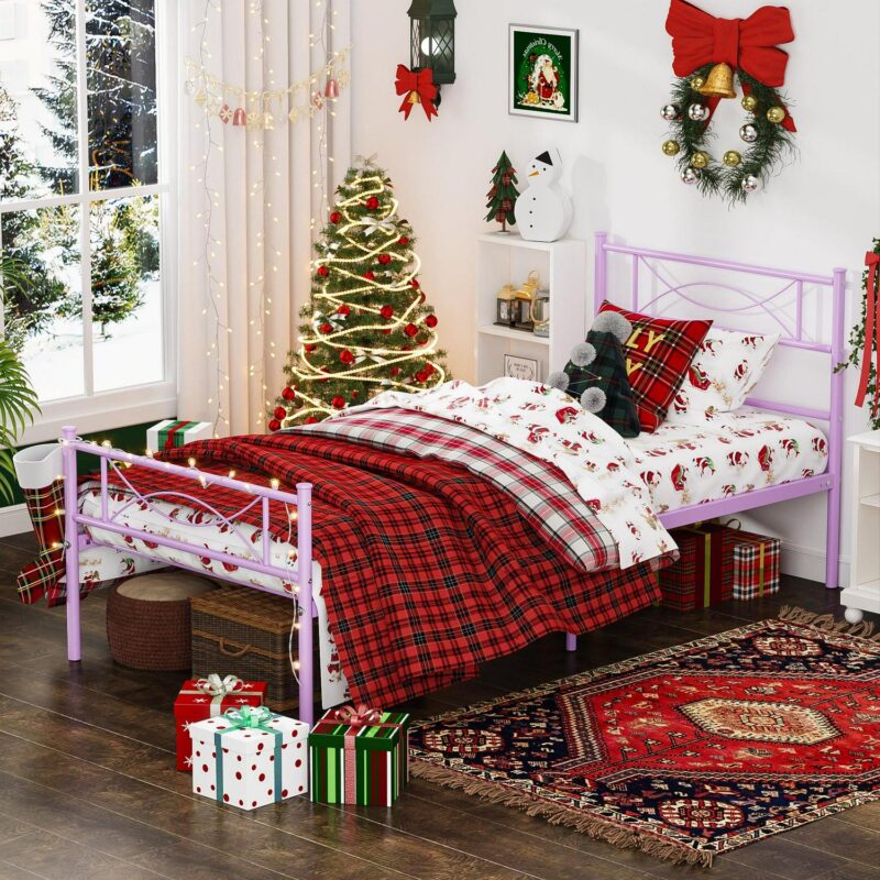 Yoneston Kids Twin Size Metal Platform Bed Frame Single Bed with Bowknot Headboards for Girls Bedroom Furniture - Light Purple - Image 9