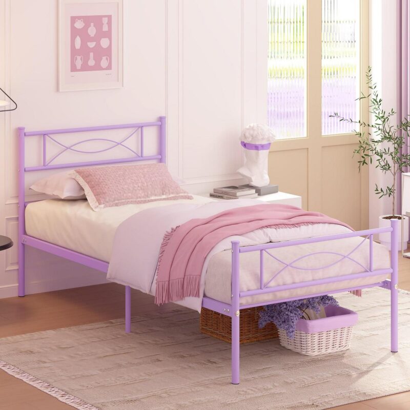 Yoneston Kids Twin Size Metal Platform Bed Frame Single Bed with Bowknot Headboards for Girls Bedroom Furniture - Light Purple - Image 3