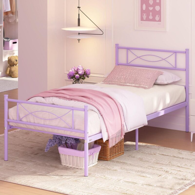 Yoneston Kids Twin Size Metal Platform Bed Frame Single Bed with Bowknot Headboards for Girls Bedroom Furniture - Light Purple