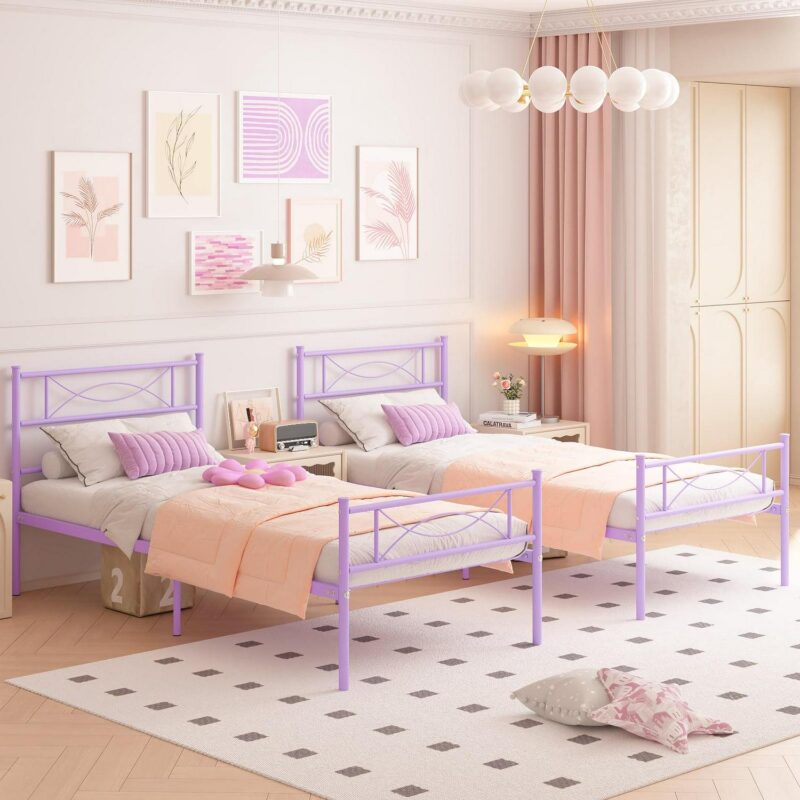 Yoneston Kids Twin Size Metal Platform Bed Frame Single Bed with Bowknot Headboards for Girls Bedroom Furniture - Light Purple - Image 8