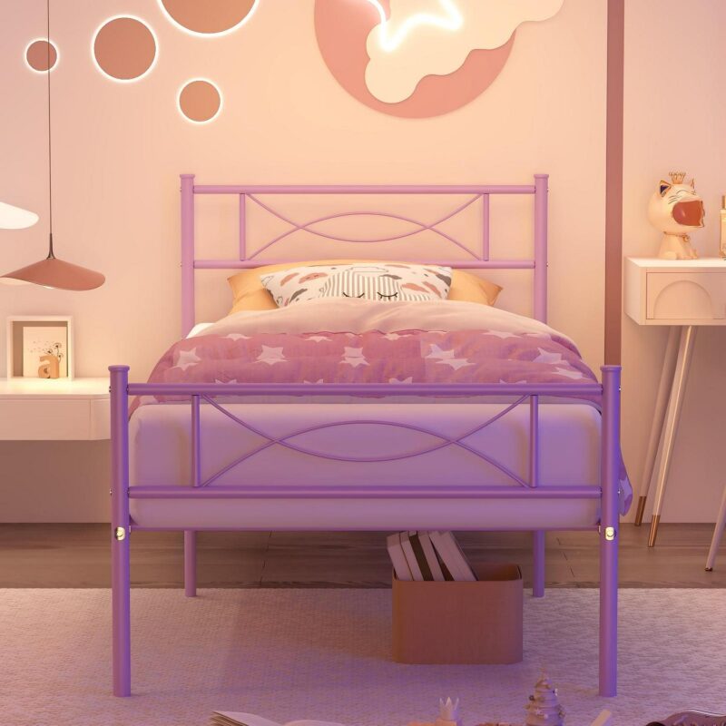 Yoneston Kids Twin Size Metal Platform Bed Frame Single Bed with Bowknot Headboards for Girls Bedroom Furniture - Light Purple - Image 5