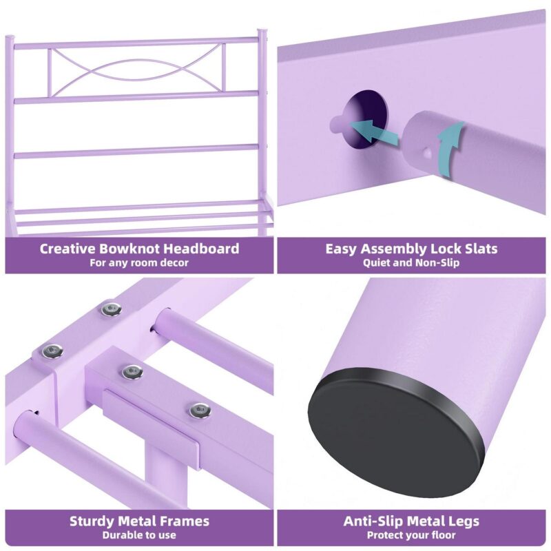 Yoneston Kids Twin Size Metal Platform Bed Frame Single Bed with Bowknot Headboards for Girls Bedroom Furniture - Light Purple - Image 6