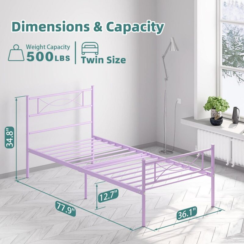 Yoneston Kids Twin Size Metal Platform Bed Frame Single Bed with Bowknot Headboards for Girls Bedroom Furniture - Light Purple - Image 4
