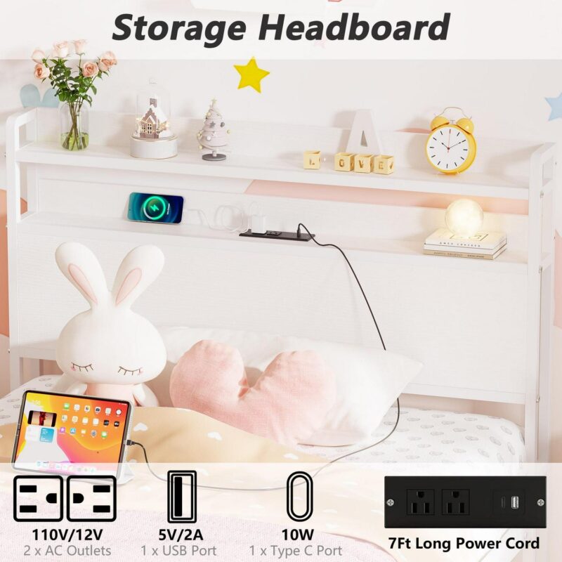 Yoneston Power Outlet Twin Metal Platform Bed Frame with 2-Tier Storage Charging Station Headboard for Kids Bedroom Furniture, White - Image 2