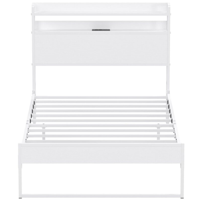 Yoneston Power Outlet Twin Metal Platform Bed Frame with 2-Tier Storage Charging Station Headboard for Kids Bedroom Furniture, White - Image 10