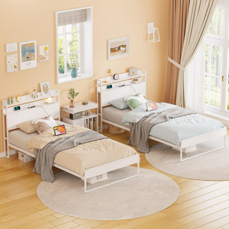 Yoneston Power Outlet Twin Metal Platform Bed Frame with 2-Tier Storage Charging Station Headboard for Kids Bedroom Furniture, White - Image 8
