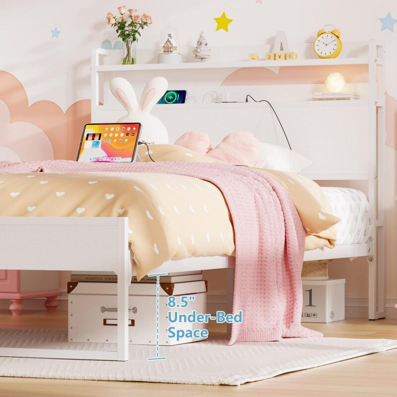 Yoneston Power Outlet Twin Metal Platform Bed Frame with 2-Tier Storage Charging Station Headboard for Kids Bedroom Furniture, White - Image 3