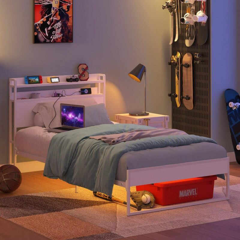 Yoneston Power Outlet Twin Metal Platform Bed Frame with 2-Tier Storage Charging Station Headboard for Kids Bedroom Furniture, White - Image 4