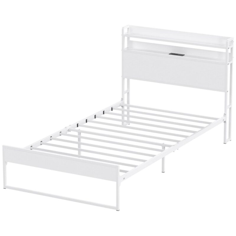 Yoneston Power Outlet Twin Metal Platform Bed Frame with 2-Tier Storage Charging Station Headboard for Kids Bedroom Furniture, White - Image 11