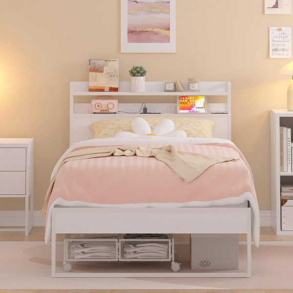 Yoneston Power Outlet Twin Metal Platform Bed Frame with 2-Tier Storage Charging Station Headboard for Kids Bedroom Furniture, White