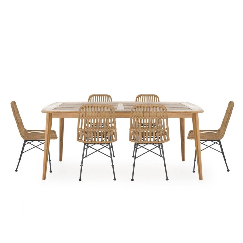 Zachariah Outdoor 6 Seater Wicker Dining Set, Teak, Light Brown