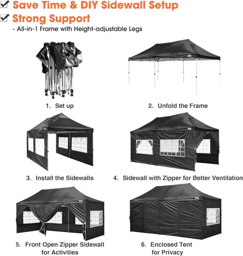 10'x20' Waterproof Ez Pop Up Canopy Tent Shelter, Black - Image 7