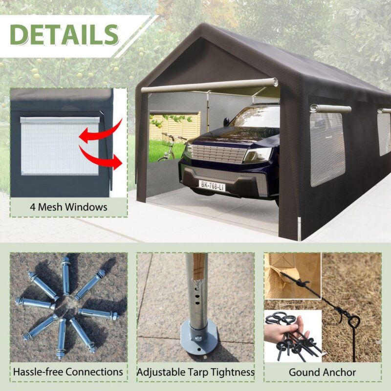 10x20 Heavy Duty Steel Canopy Tent with Roll-up Ventilated Windows, Garage Carport with Removable Sidewall and Doors, Gray - Image 4