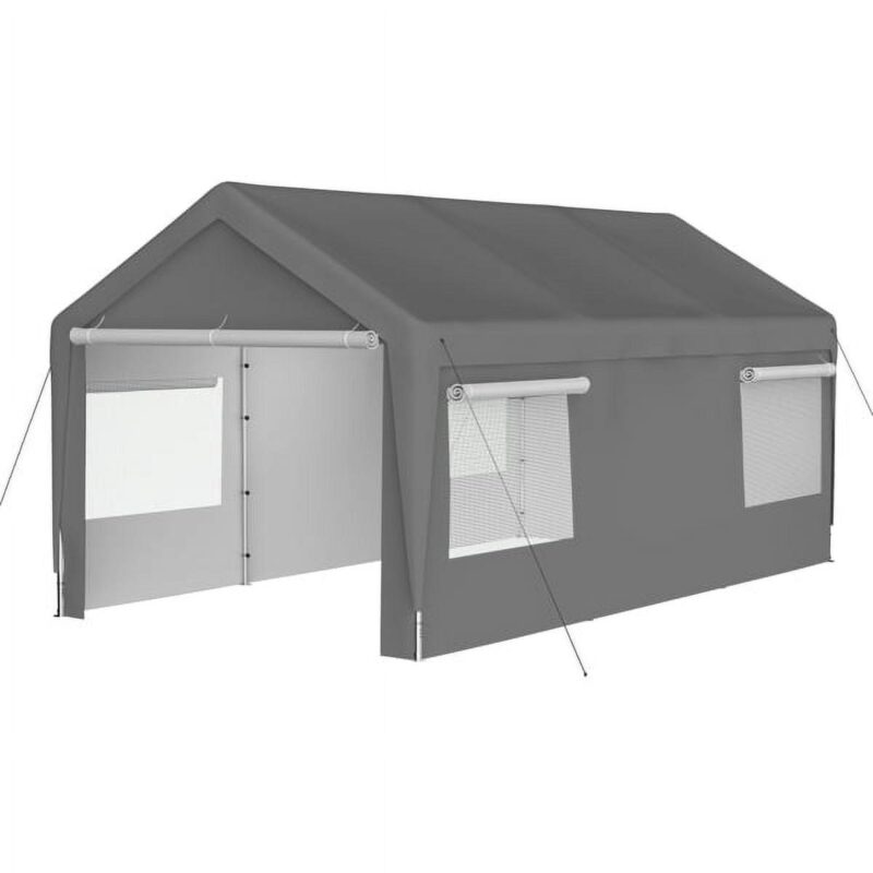 10x20 Heavy Duty Steel Canopy Tent with Roll-up Ventilated Windows, Garage Carport with Removable Sidewall and Doors, Gray - Image 2