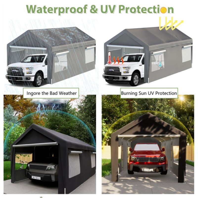 10x20 Heavy Duty Steel Canopy Tent with Roll-up Ventilated Windows, Garage Carport with Removable Sidewall and Doors, Gray - Image 6