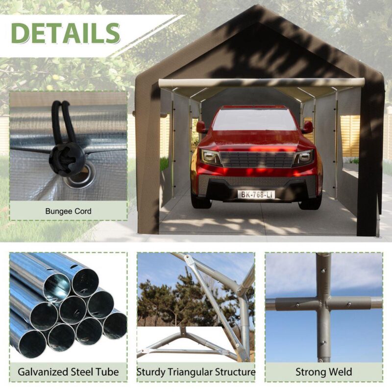 10x20 Heavy Duty Steel Canopy Tent with Roll-up Ventilated Windows, Garage Carport with Removable Sidewall and Doors, Gray - Image 5
