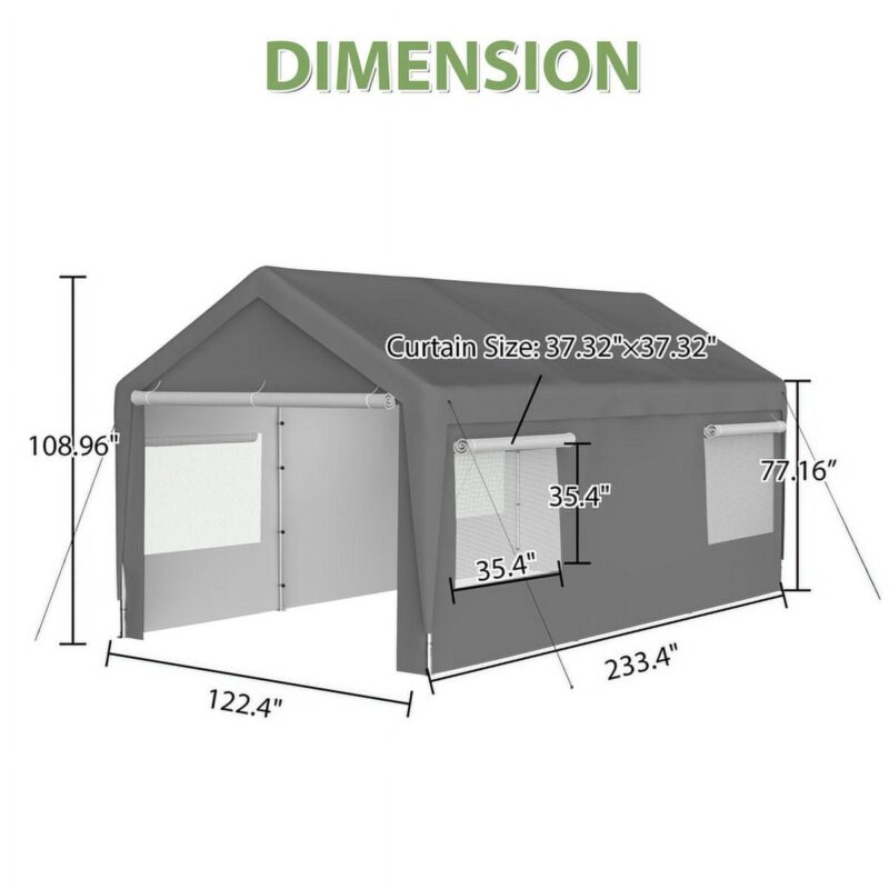 10x20 Heavy Duty Steel Canopy Tent with Roll-up Ventilated Windows, Garage Carport with Removable Sidewall and Doors, Gray - Image 3