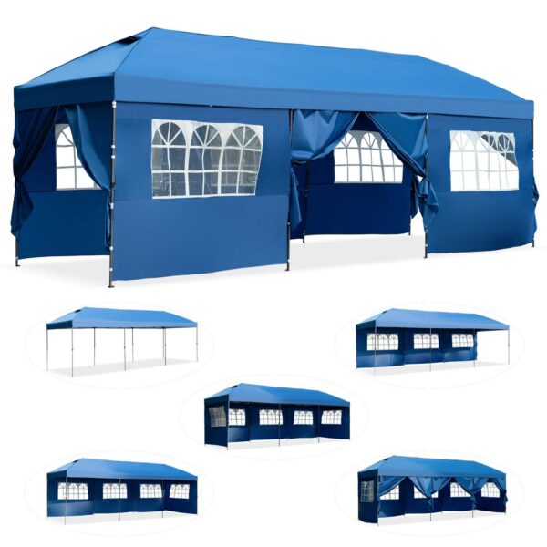 10x30ft Pop Up Canopy,Wedding Tent, Event Tent for Parties, Carpas para Fiestas with Wheeled Bag, Sidewalls for Patio,Wedding, Backyard,Blue