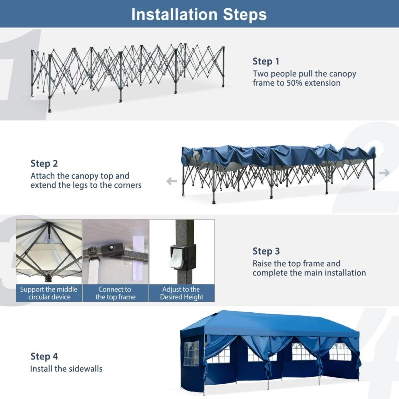 10x30ft Pop Up Canopy,Wedding Tent, Event Tent for Parties, Carpas para Fiestas with Wheeled Bag, Sidewalls for Patio,Wedding, Backyard,Blue - Image 7
